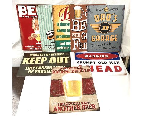 Four antique effect enamel advertising signs:&nbsp; Beer, height 40cm and three others 