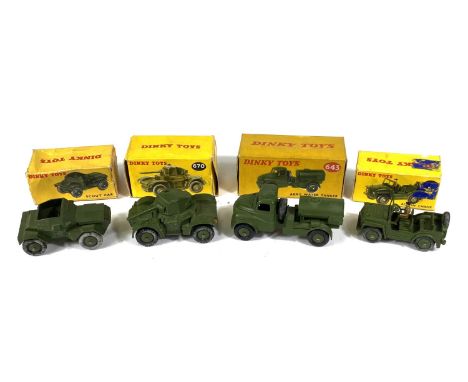 DINKY TOYS: 643 Army Water Tanker with box; 670 Armoured car in box (box a/f); 673 Scout Car boxed (box a/f) 674 Austin Champ