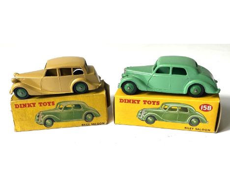 DINKY TOYS: 158 Riley Saloon light green body and hubcaps in original box; 151 Triumph Saloon tan body and green hubcaps in R