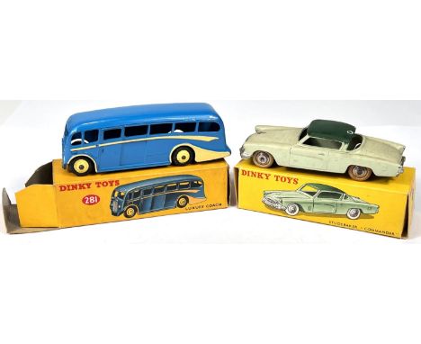 DINKY TOYS: 281 Luxury Coach in blue and yellow in original box (scuff to one flap) 24Y French made Studebaker 'Commander' tw