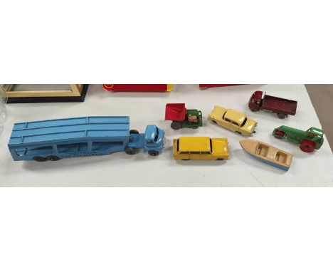 Matchbox Moko Lesney: 'Matchbox' Car Transporter in blue No 1 Roller, No 2 Site Dumper, No 31 'American Ford Station Waggon,'