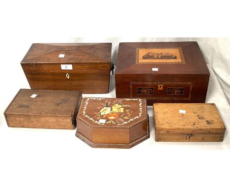 A 19th century mahogany work/jewellery box with Tunbridge inlay; a 19th century mahogany sarcophagus shaped tea caddy; other 