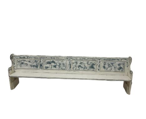 Painted pine church pew, raised on panel end supports  W314cm