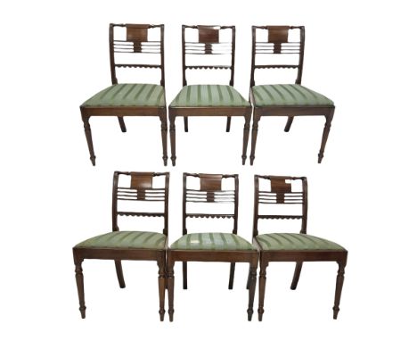 Set of six Regency mahogany dining chairs, turned crest rail over pierced and moulded rail back with ebonised string inlay, d