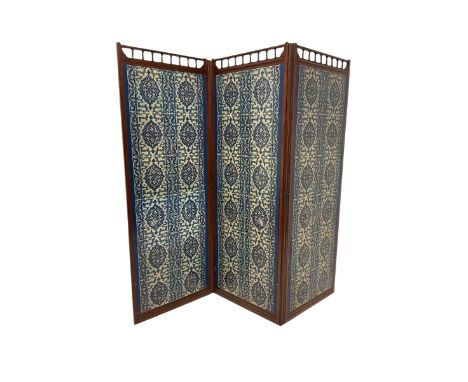 Late 19th century mahogany three panel folding screen, moulded frame detail and spindle balustrade topDimensions: Height:&nbs