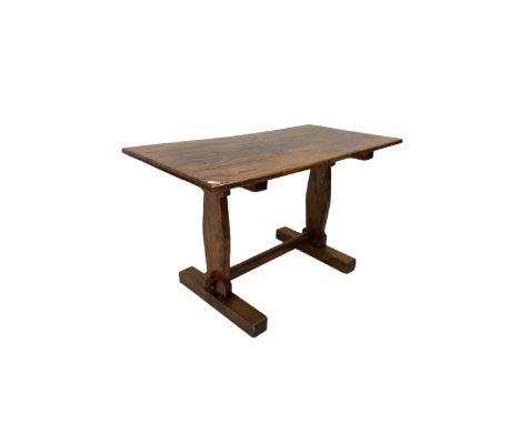 Elm dining table, the four plank rectangular top, raised on panel end supports untied by a stretcher  (W68cm, L130cm, H78cm)