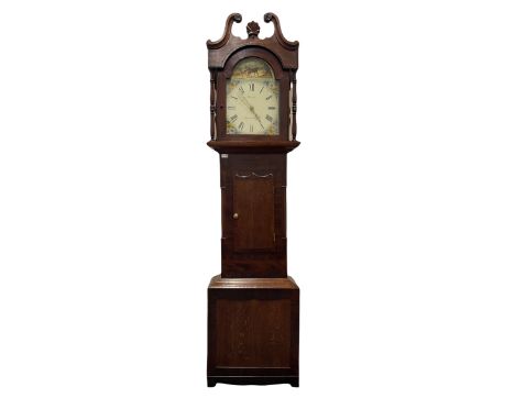 An oak and mahogany 30hour longcase clock c1850 with a swans neck pediment, carved wooden patera and radiating carved boss, g