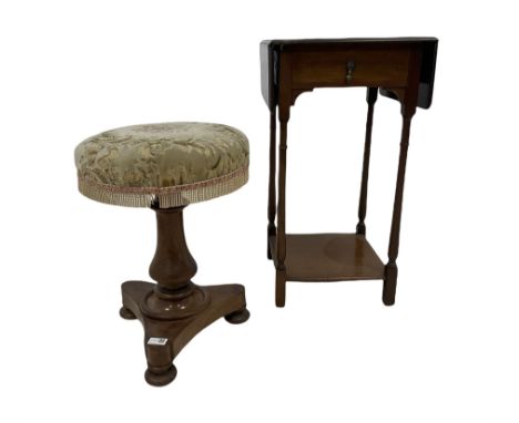 Mahogany drop leaf occasional table, fitted with one frieze drawer and one under tier, together with mahogany piano stool 