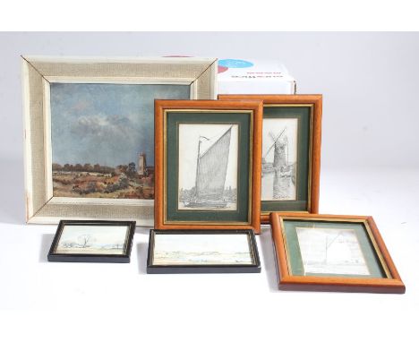 Box of assorted pictures including T R Georg oil