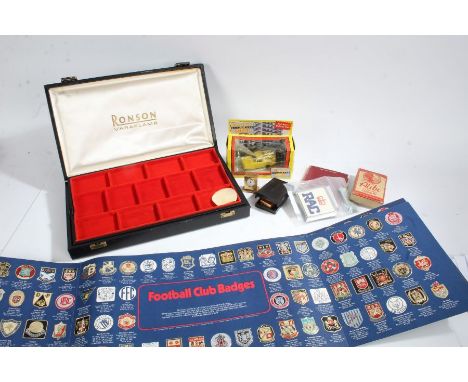 Mixed items to include a leather Ronson Varaflame case, the Esso collection of football club badges, diecast model of Only Fo