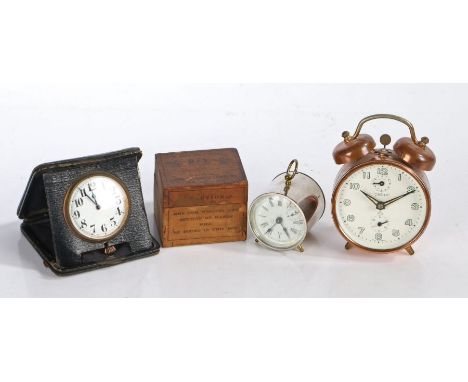 Ansonia 'Bee' travel timepiece, housed in original box, together with a Peter alarm clock and a leather case folding travel c