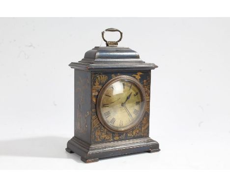 Blue Chinoiserie table/mantle clock, the brass dial with Roman numerals on a blue body decorated with floral and figural scen