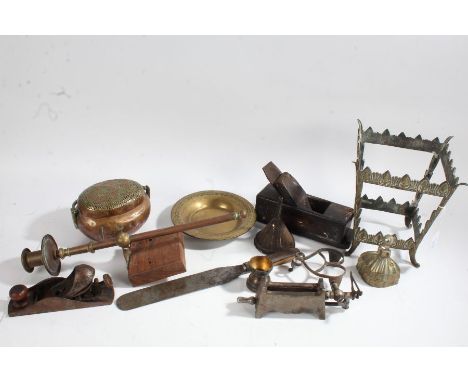 Chinese copper hand warmer, together with a wall mounted candlestick, Arts and Crafts brass pot stand, carpentry planes etc.,