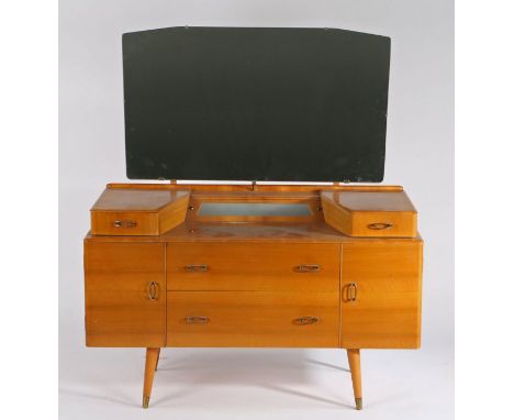 Mid 20th century dressing table, the oblong mirror above two small and two long drawers with cupboard door either side, with 