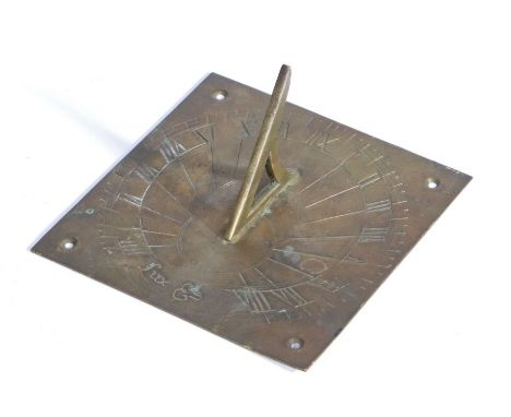 20th Century brass sundial, the pierced brass gnomon above a square base plate with cast Roman numerals, 15cm square, 7cm hig