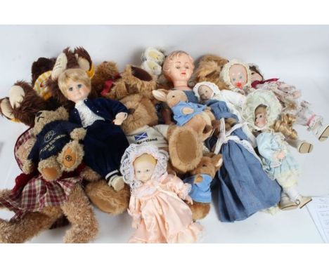 Collection of dolls to include porcelain headed examples, various sizes, together with a small Steiff bear, Royal Doulton Bun