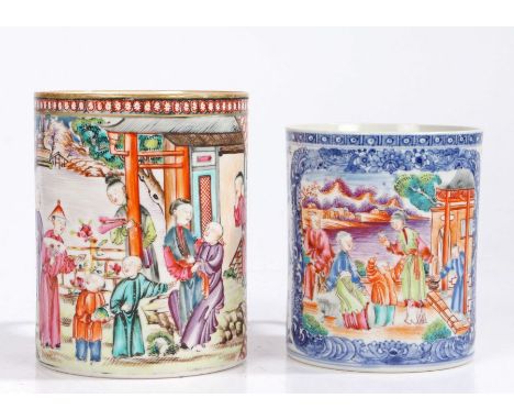 Chinese famille rose porcelain tankard, the red scale ground with cartouches depicting figures in a garden, foliage and birds