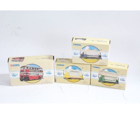 Four Corgi Classics, 97267 Double Deck Tram Grimsby, 97269 Double Deck Tram Plymouth, 97857 Bristol K Utility London Passenge