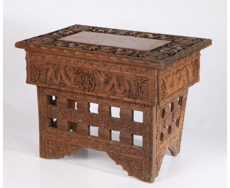 Chinese carved hardwood portable desk or scroll table, the dragon carved top and frieze with bamboo effect border, raised on 