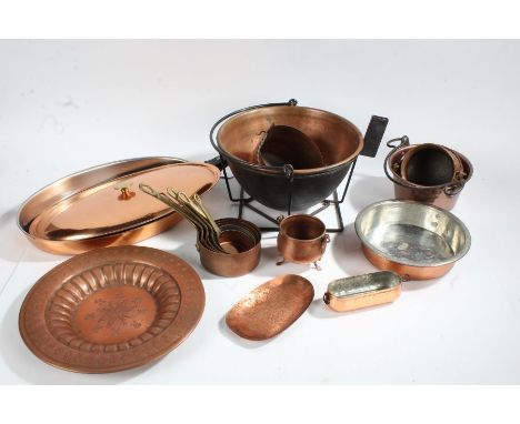 Collection of various sized copper saucepans, pots, ladle and plaque etc., (qty)