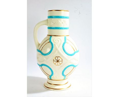 Large 19th century water jug in the Celtic taste by Powell Bishop &amp; Stonier, with a white bulbous body decorated with sea