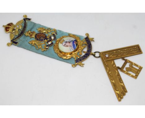 An 18ct gold Masonic jewel set with a diamond and a portrait miniature depicting Queen Victoria, gross wt. 53g.  