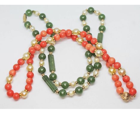 A cultured pearl and coral bead necklace with clasp marked '585', together with a cultured pearl and jade bead necklace with 