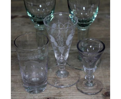 A mixed lot of drinking glasses comprising a cordial glass with internal tear, an Arrowsmith's Glenlivet Scotch Whisky tumble