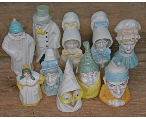 A group of 10 Royal Worcester candle snuffers comprising Toddie, Budge, Old Woman, Young Girl, Punch, Mob Cap, Owl, Mr Caudle