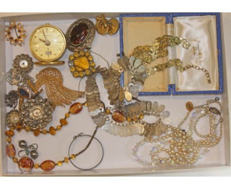 A mixed lot including a Jaeger-LeCoultre desk clock, a silver necklace and various costume jewellery.  