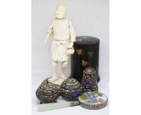 A mixed lot of Eastern items comprising a Japanese ivory okimono circa 1900, an enamel cruet, a lacquer lidded jar and white 