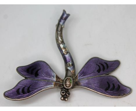 A silver and enamel dragon fly brooch, J Aitkin &amp; Son, Birmingham 1918, wingspan 80mm.  Condition - various losses to ena