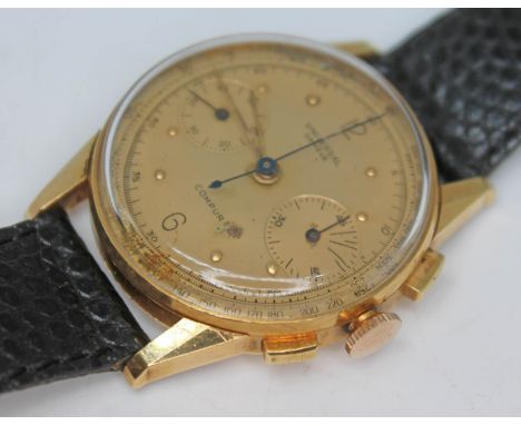 A rare 1930s 18ct gold Universal Geneve Compur  chronograph wristwatch ref. 12436, having signed gold tone dial, gold hour do