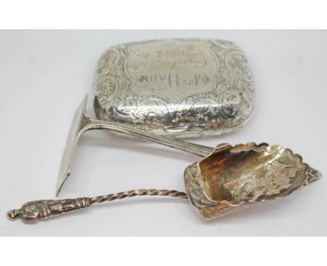 Three items of hallmarked silver comprising a bright cut engraved purse, a caddy spoon with apostle finial and a child's push