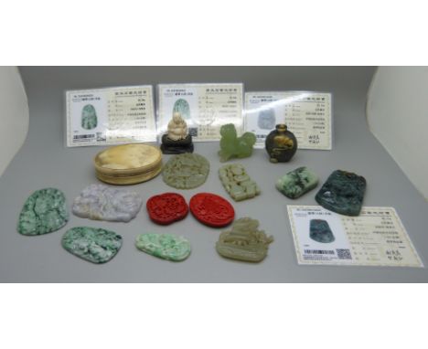 A collection of oriental carved hardstone plaques including jade and other oriental items some with certificates 