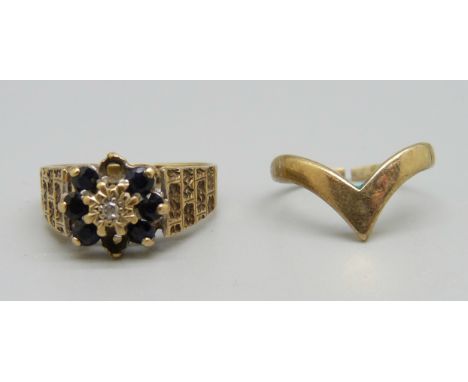 A 9ct gold ring set with a diamond and sapphires, two stones missing and another 9ct gold ring, a/f, 5.5g 