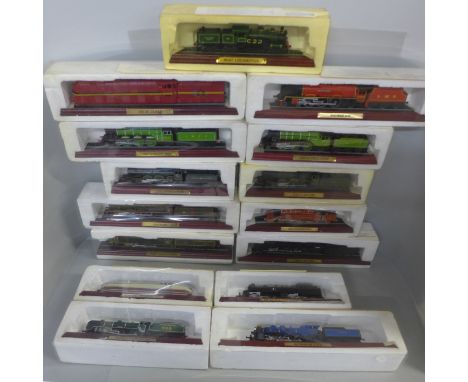 A collection of fifteen scale model locomotives for display 