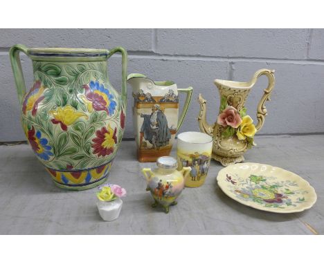 A silver rimmed vase depicting a hunting scene, other Royal Doulton and a Beswick vase **PLEASE NOTE THIS LOT IS NOT ELIGIBLE