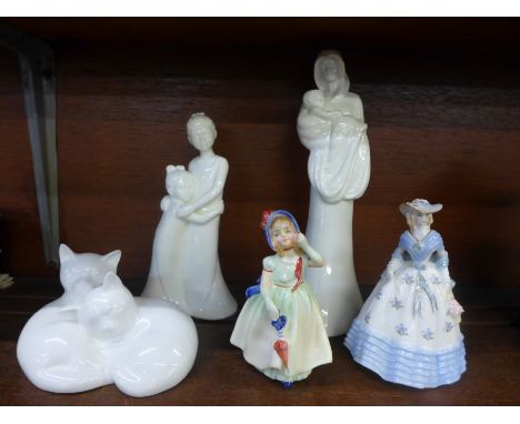 Five figures, Royal Doulton Babie, Royal Worcester Lady Hannah, two Royal Worcester Moments figures and a Royal Doulton Sleep