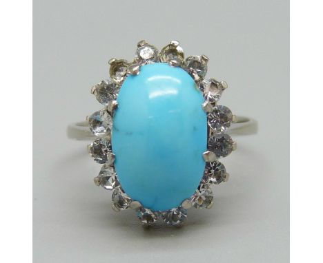 An 18ct gold, turquoise cabochon and white stone ring, 3.7g, N 