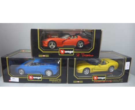 Three Burago 1:18 scale die-cast model vehicles, Dodge Viper, Chevrolet Corvette and Bugatti, boxed 