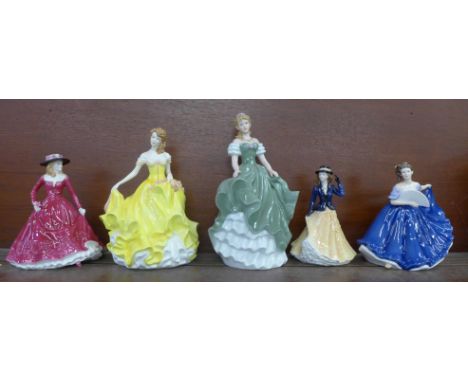 Five figures; two Royal Worcester, two Royal Doulton and one The Lucerne Collection 