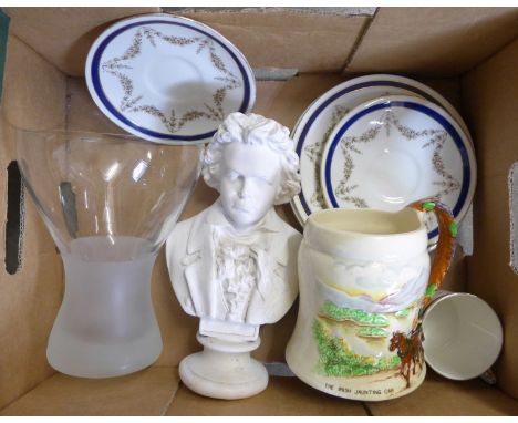 A Crown Devon Fieldings The Irish Jaunting Car musical tankard, a modern glass vase, a small bust of Beethoven and G &amp; W 