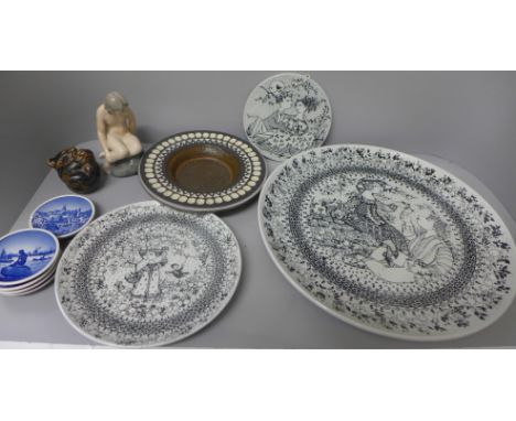 A charger, plate and plaque designed by Bjørn Wiinblad for Nymolle, an Upsala Ekeby Swedish dish, two Royal Copenhagen figure