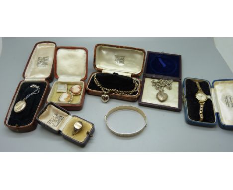 A ring marked '18ct gold cased', R, a lady's Omega wristwatch, rolled gold jewellery, etc. 