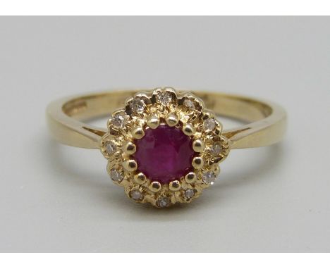 A 9ct gold, ruby and diamond cluster ring, 2.8g, P 