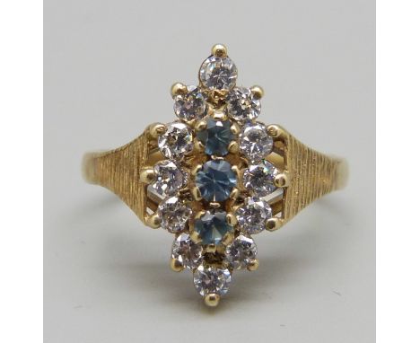 A 9ct gold, zircon and blue stone ring, 3.3g, P 