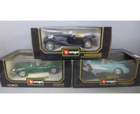 Three Burago 1/18th scale die-cast model vehicles, Chevrolet, Mercedes and Jaguar, boxed 