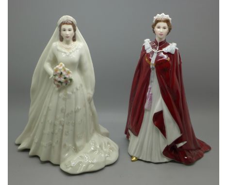 Two Royal Worcester Queen Elizabeth II figures, 80th Birthday and Diamond Wedding Anniversary 