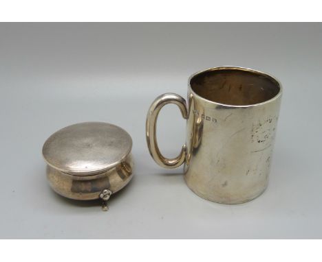 A silver mug, Birmingham 1919 and a silver trinket box, a/f, total weight 141g 